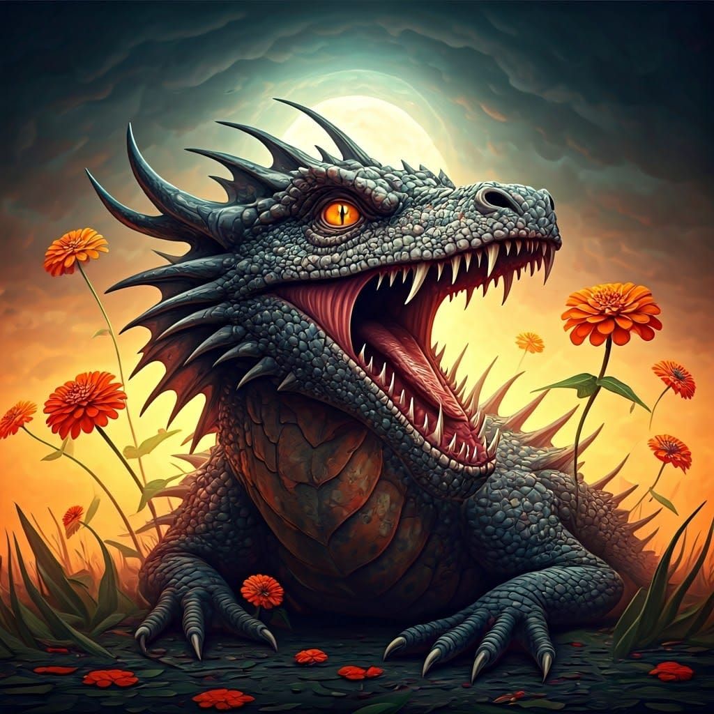 Humorous Dragon Blooms in Post-Apocalyptic Watercolor