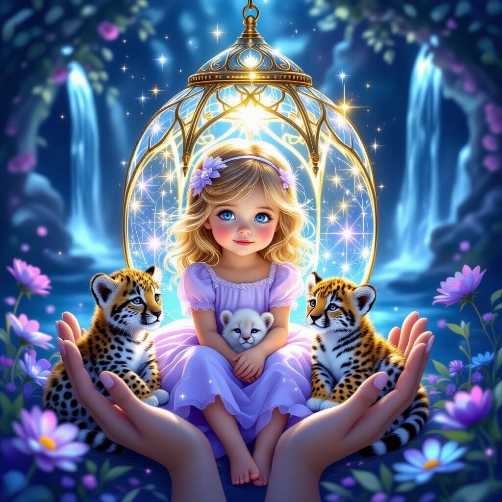 Girl with Cubs in Crystal Lantern: Ethereal Fantasy