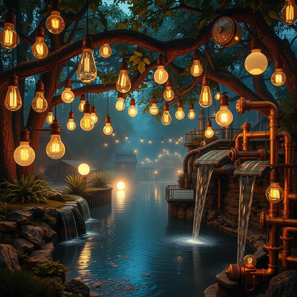 Whimsical Steampunk Garden of Glowing Wonders