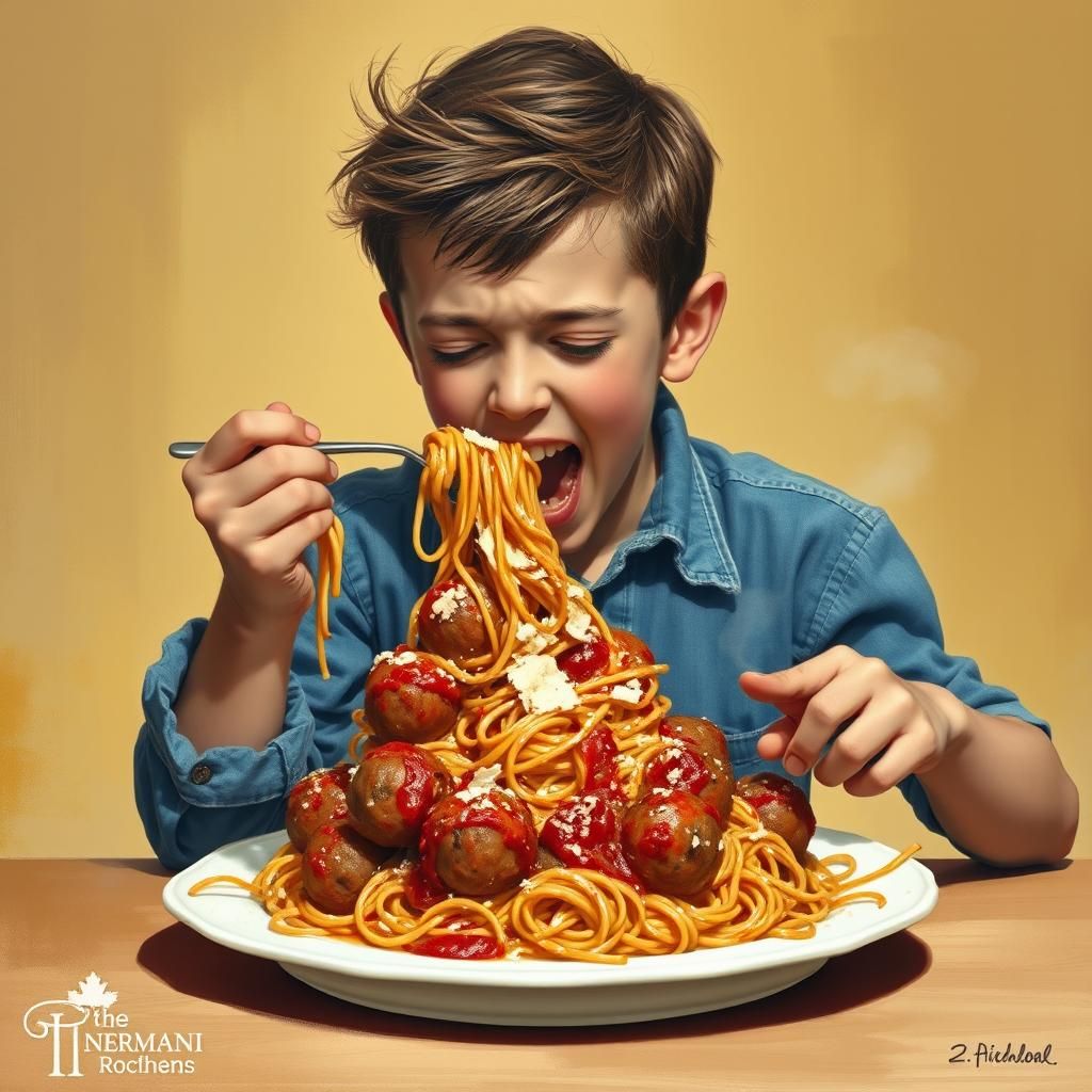 Boy Devouring Spaghetti, Nostalgic Americana Painting