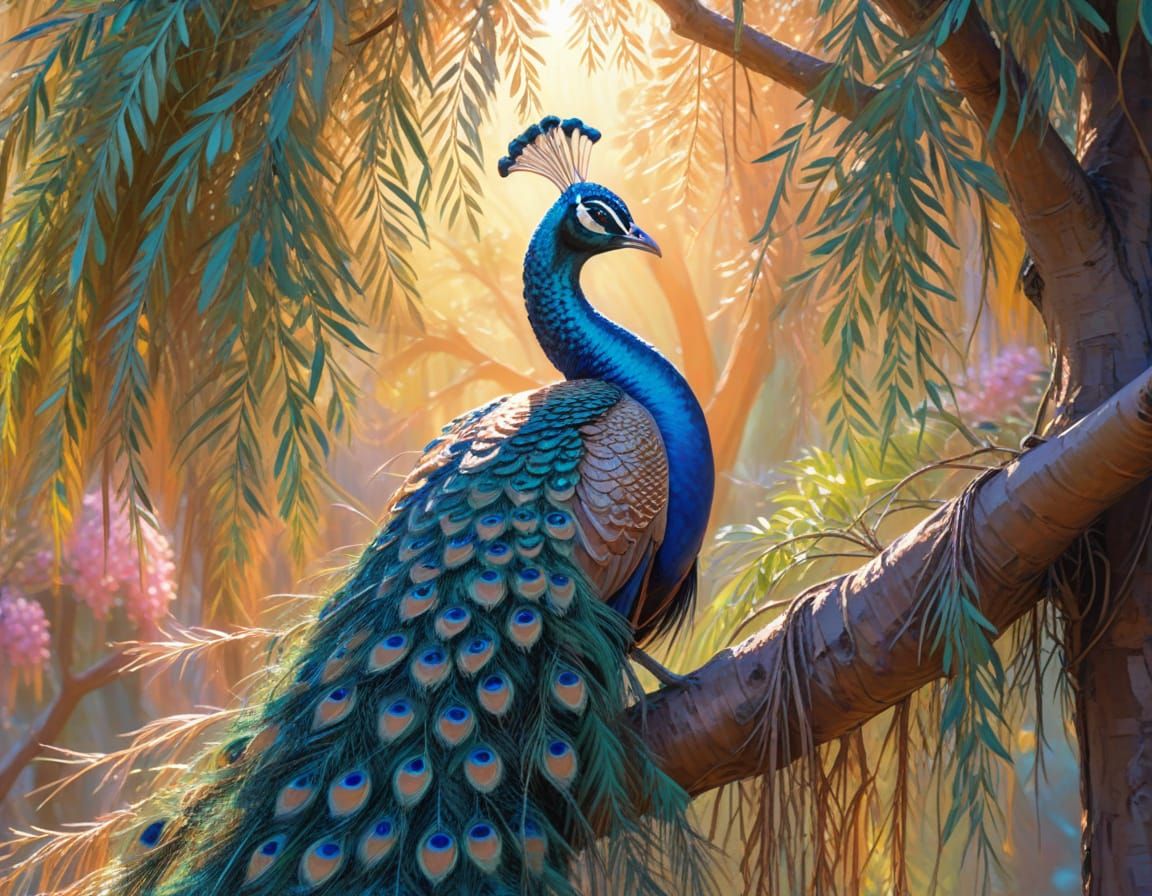 Vibrant Peacock Perched on Weeping Willow in Expressionist S...