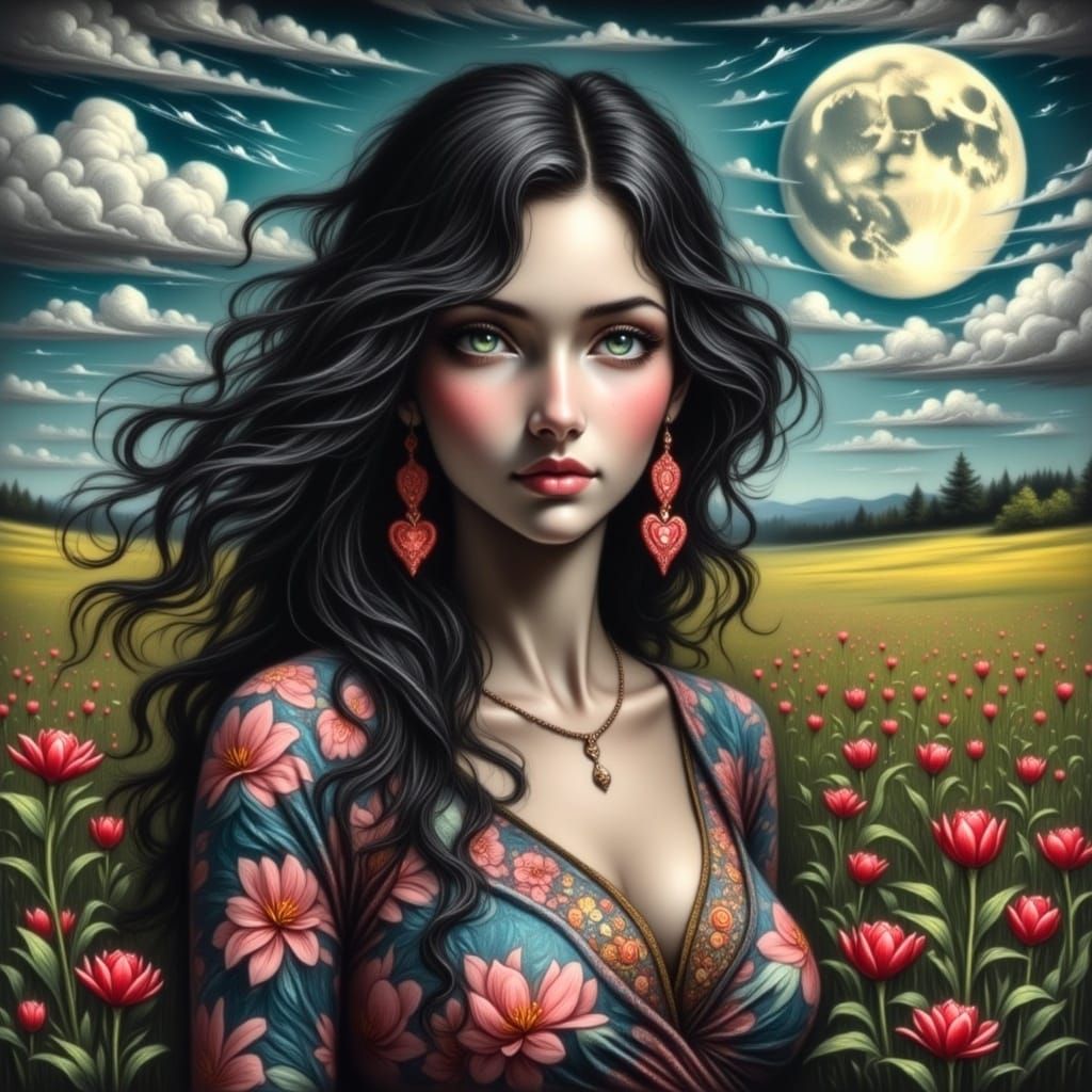 Woman in Flower Field Under Moonlight