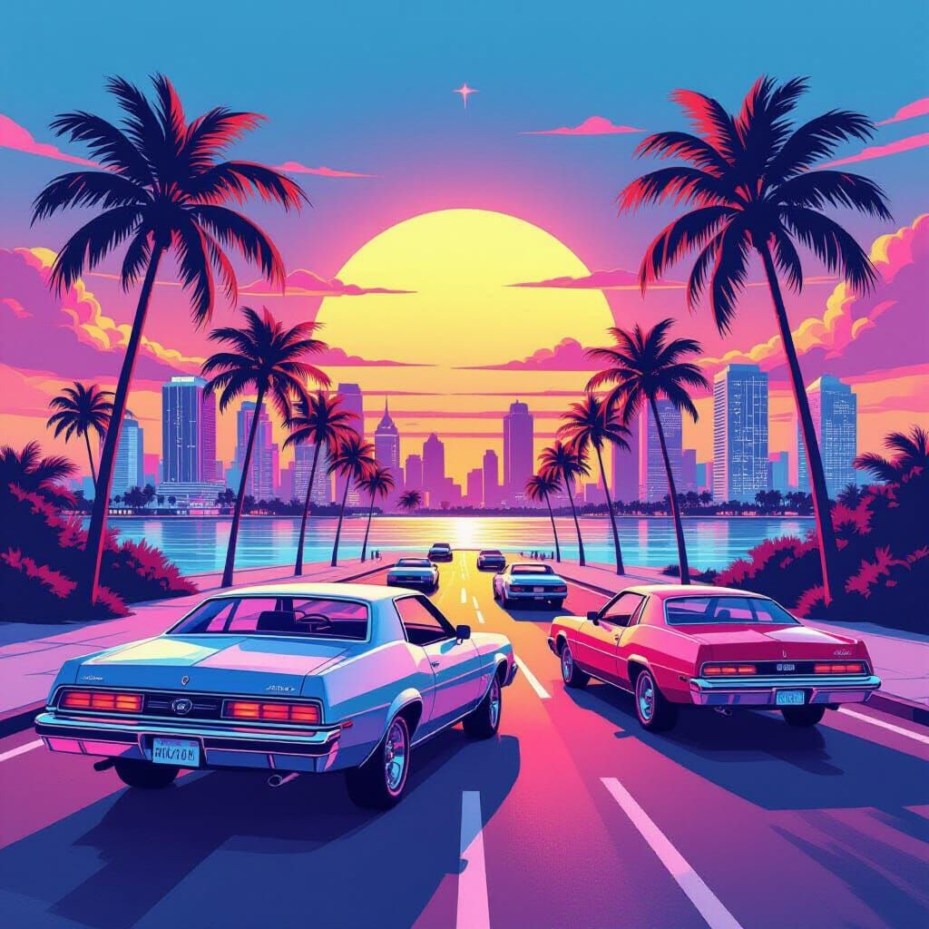 Vibrant Retro-Futuristic Miami Illustration
