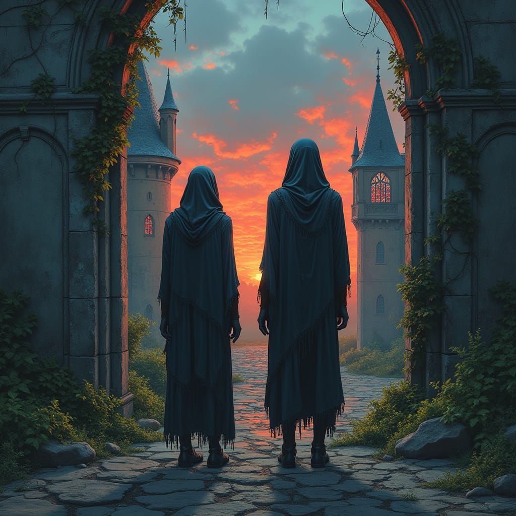 Spectral Figures Guarding Crumbling Castle Ruins