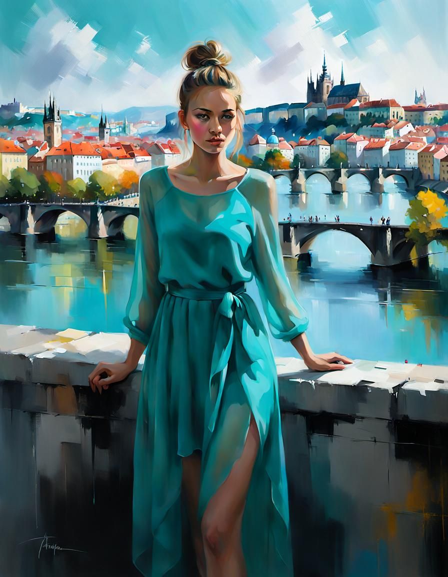 Woman in Turquoise Dress, Prague, Oil Painting Style