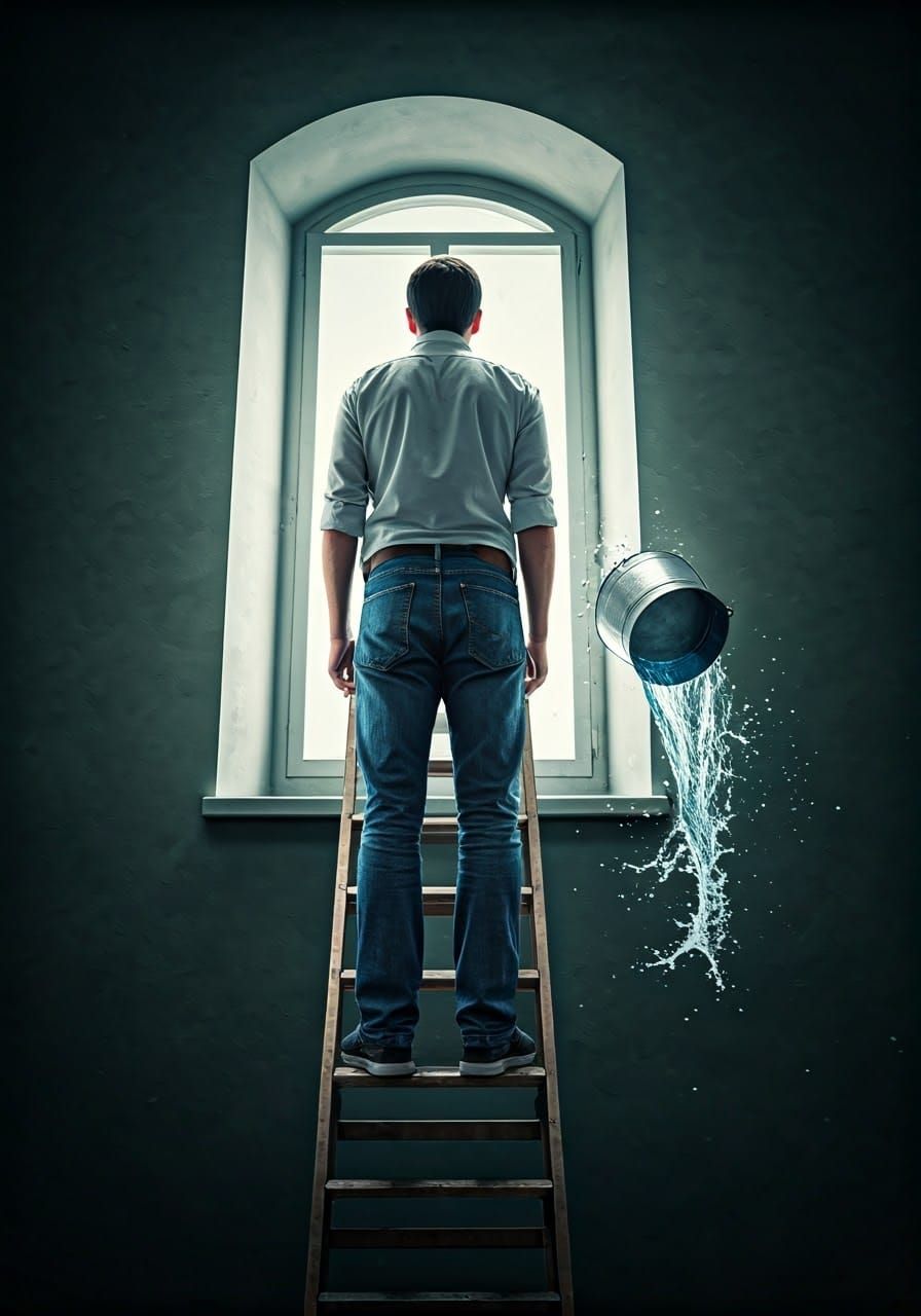 Startled Window Cleaner Drops Bucket From Ladder