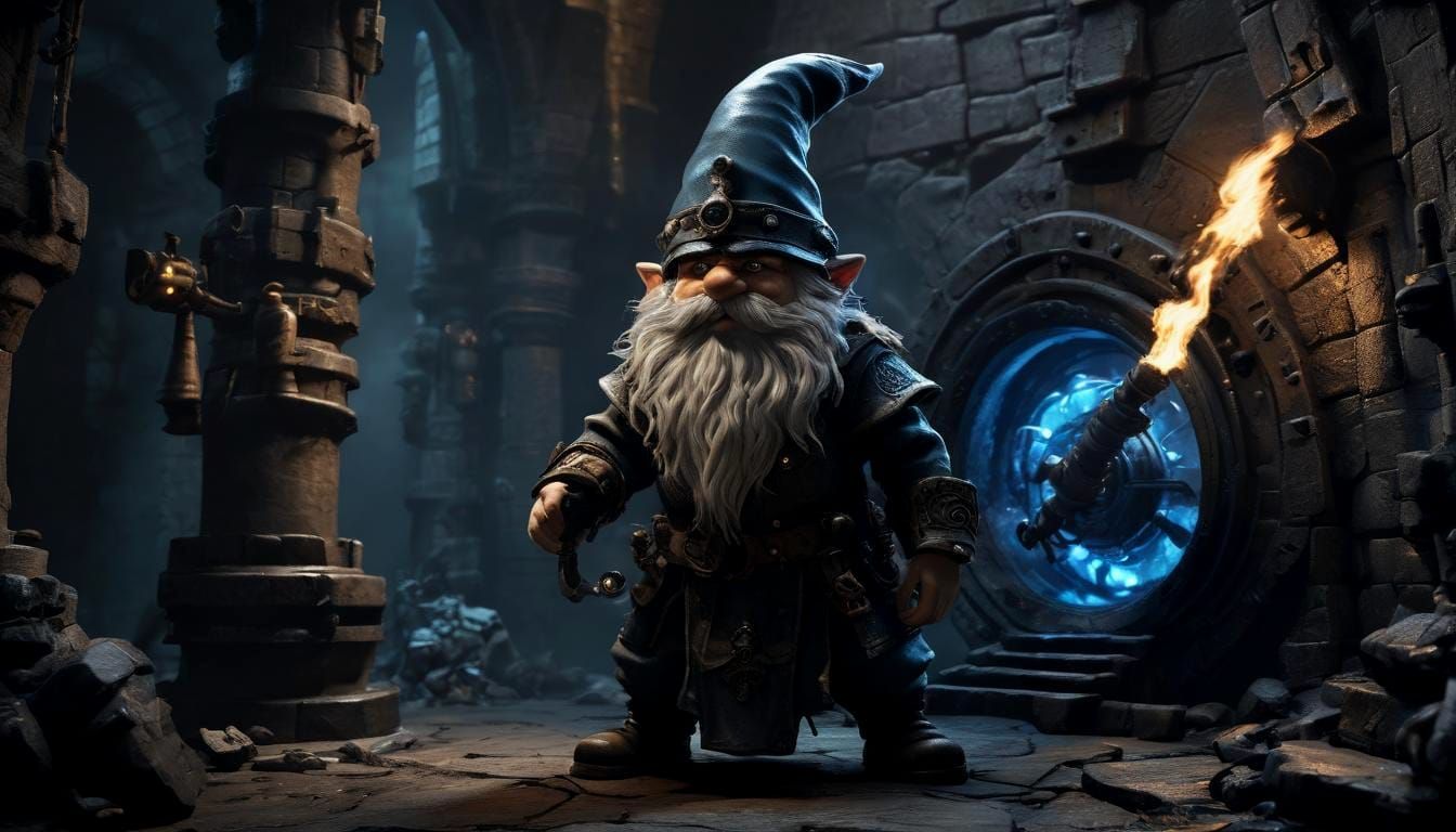 Gnome and Improbable War Engine in Dungeon