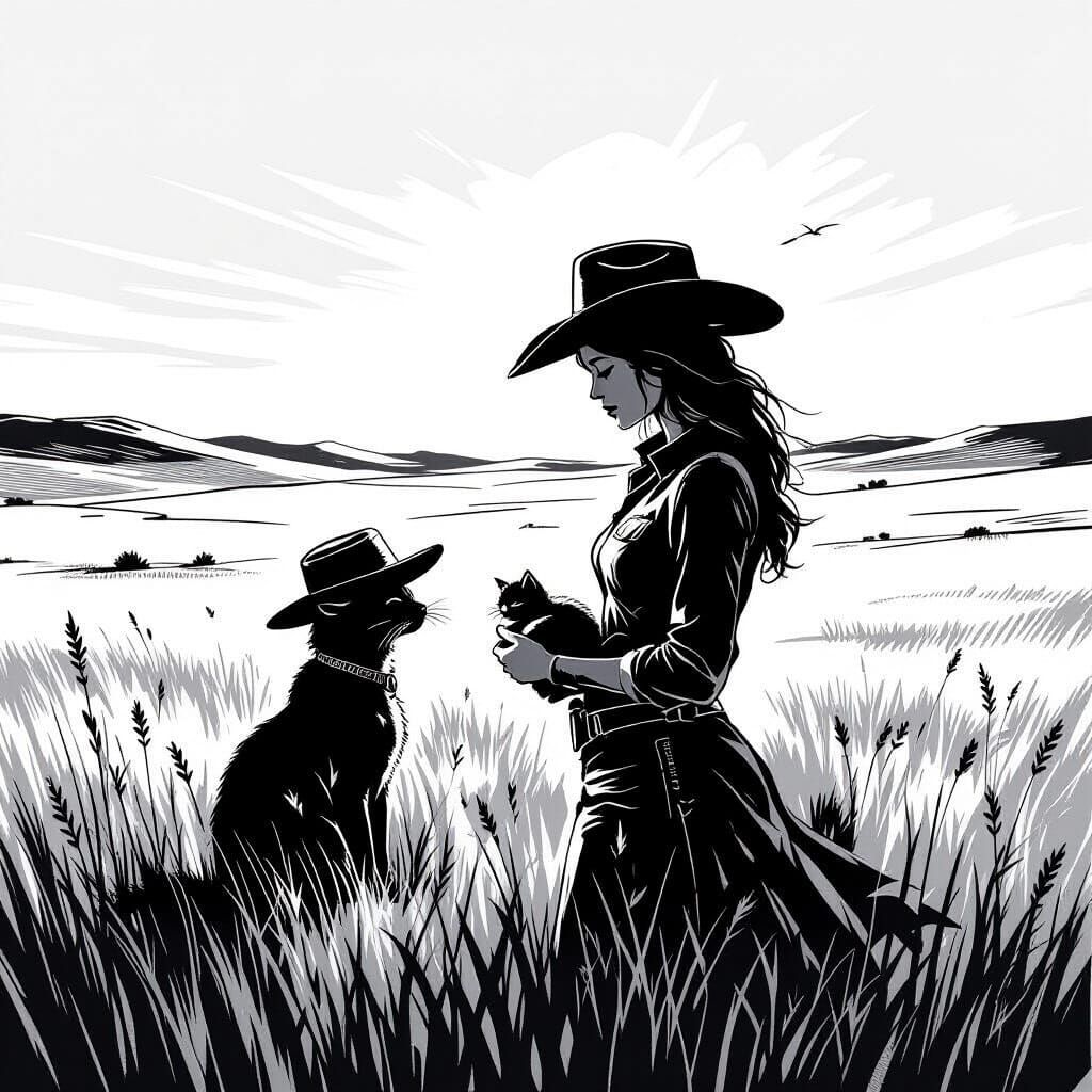 Minimalist Pen-Ink Cowgirl Holding Kitten in Meadow