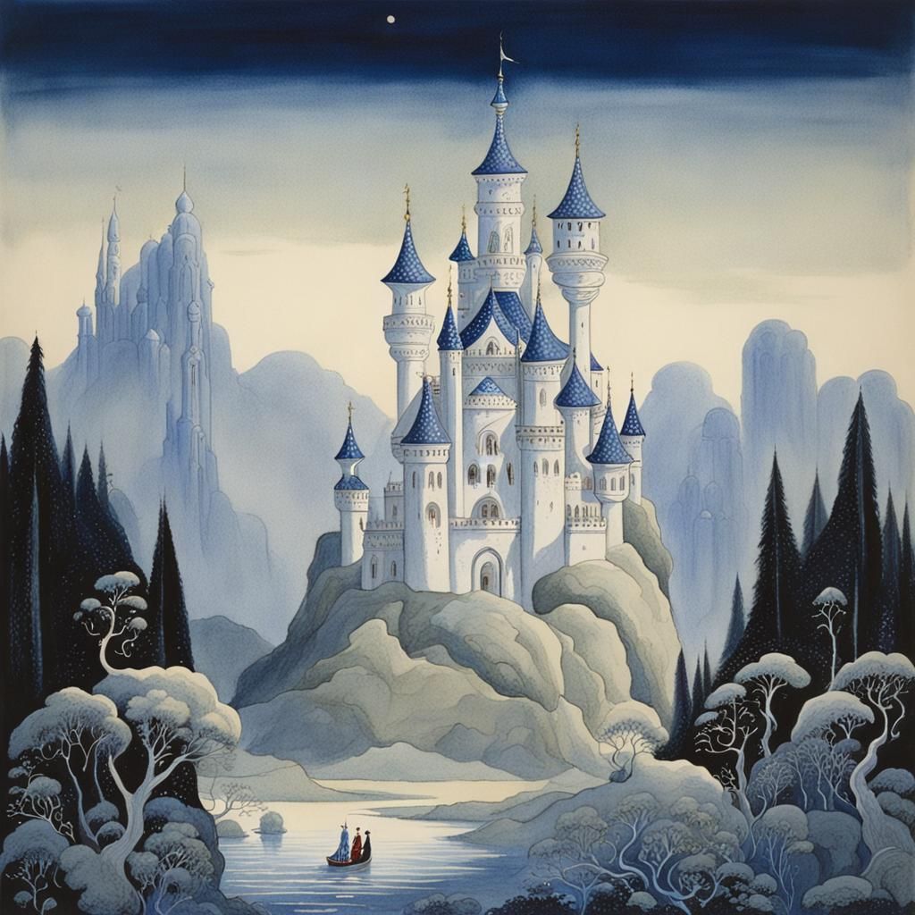 Kay Nielson Castle: Detailed Gouache Painting