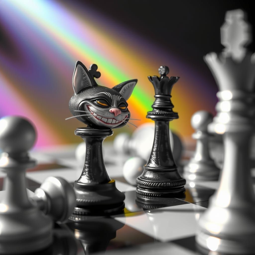 Cheshire Cat Grin Behind Chessboard with Rainbow Refraction