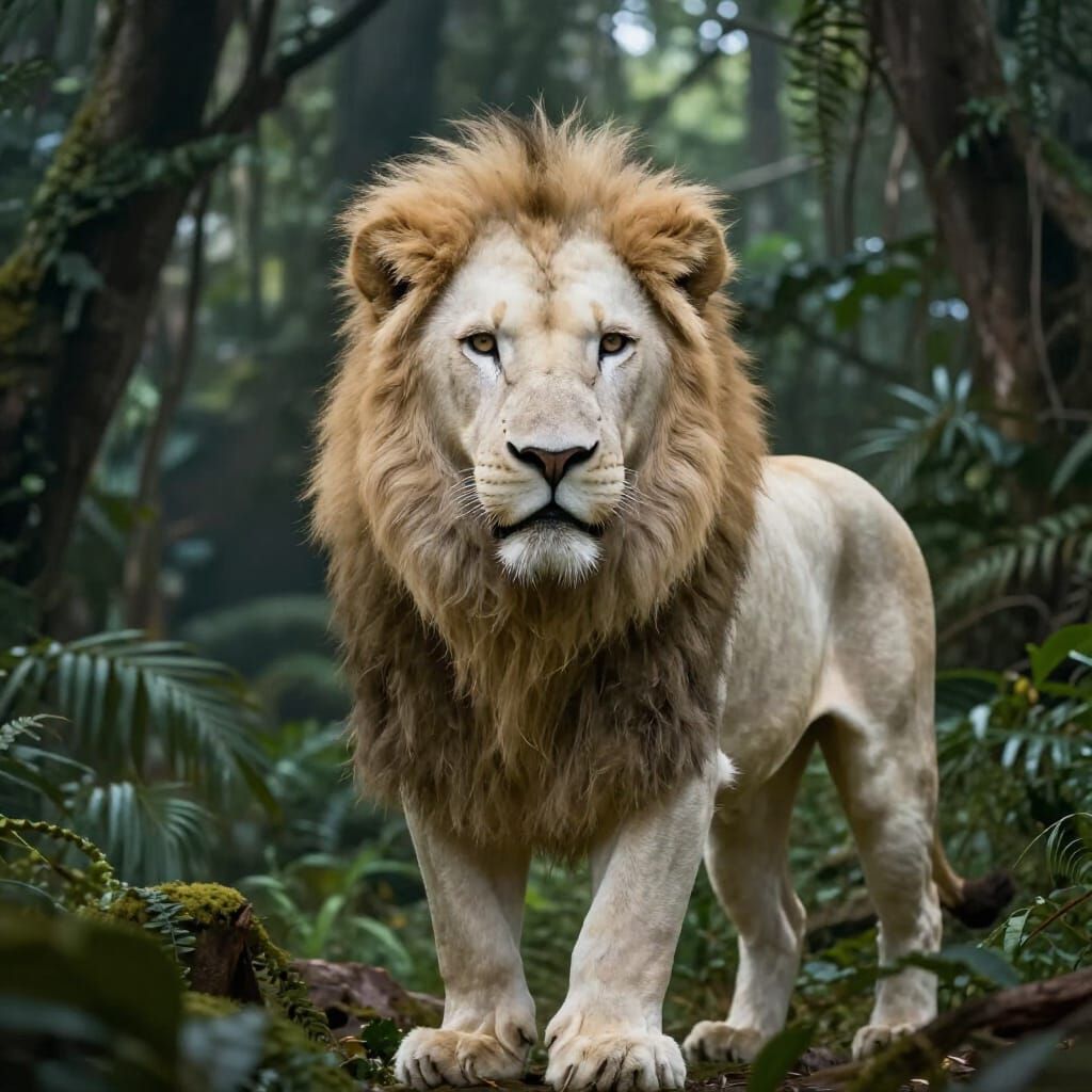 Majestic White Lion in Lush Jungle Setting