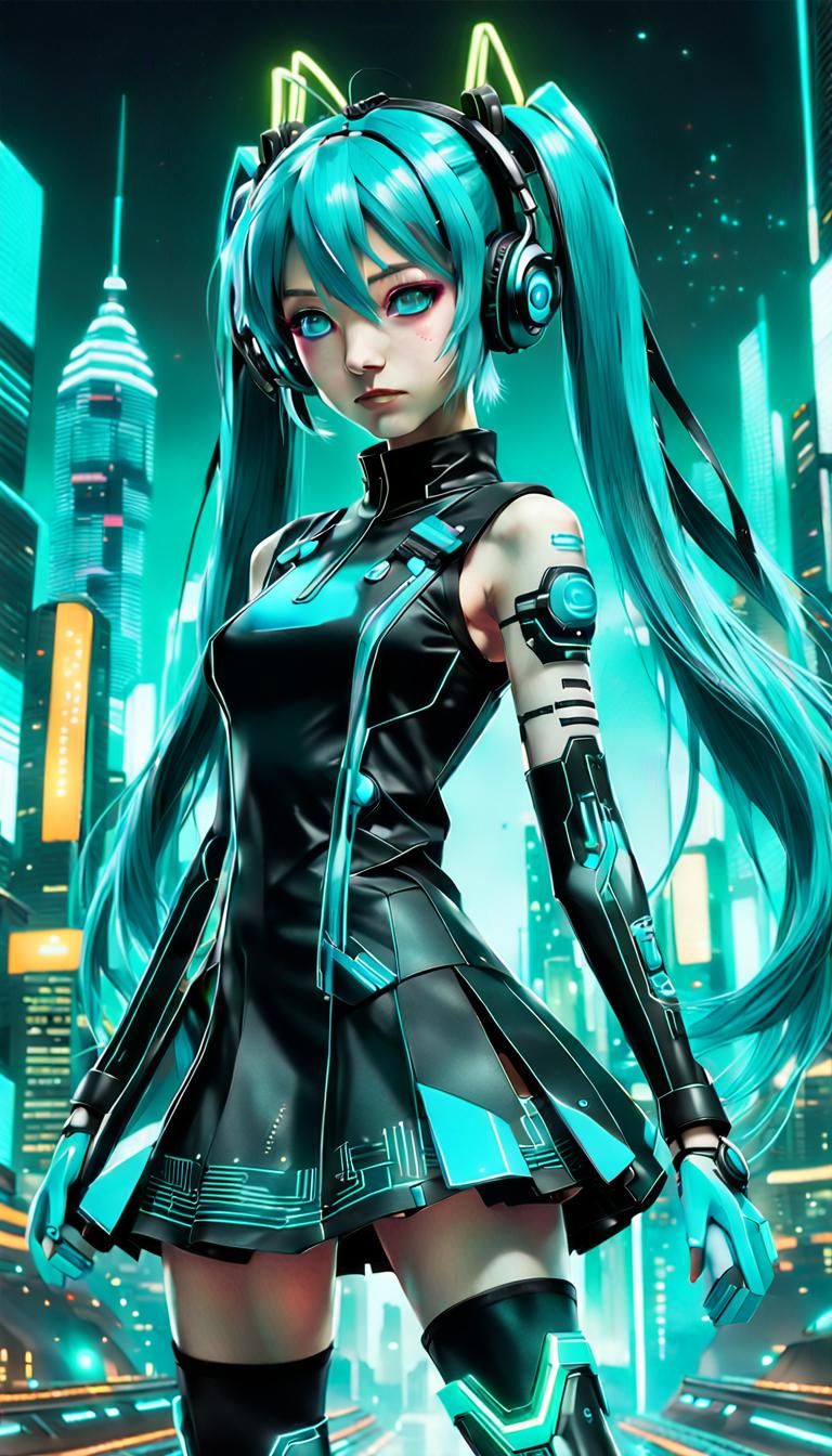 Hatsune Miku in Futuristic Cityscape: Digital Art