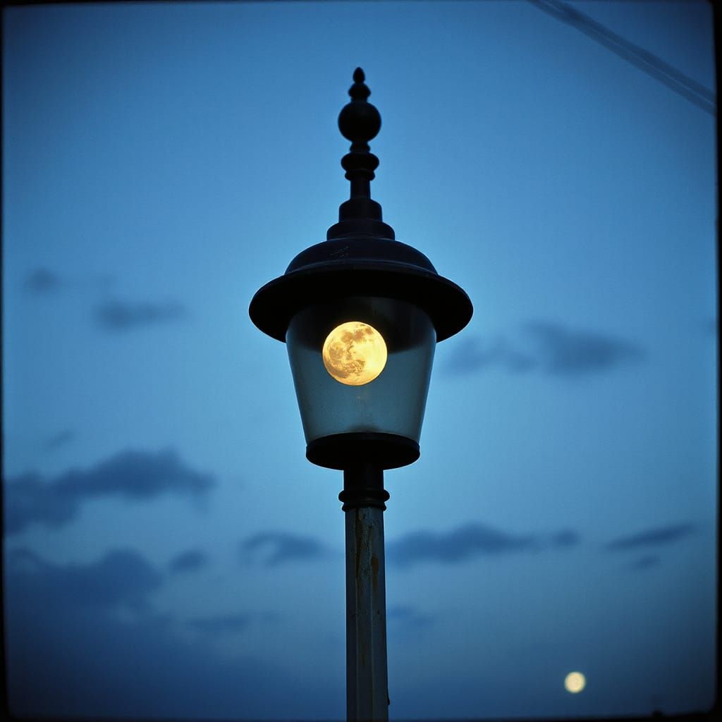 Vintage Street Lamp with Moon in Film Aesthetic