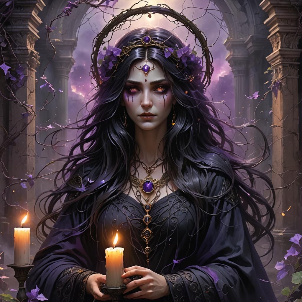 Mysterious Hecate in Candle-Lit Ruins: Anime-Inspired 3D Art