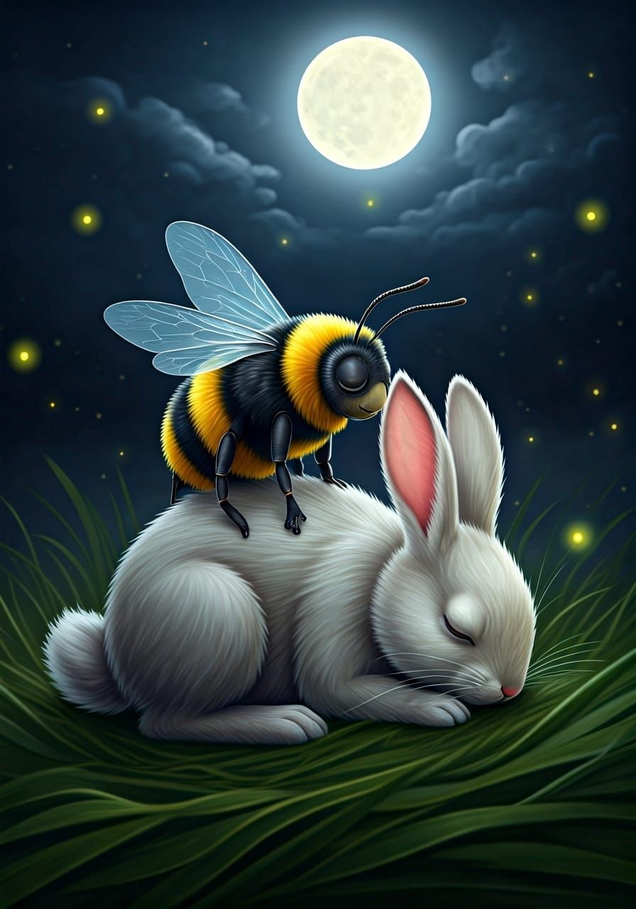 Rabbit and Bumblebee Sleeping Under Moonlight