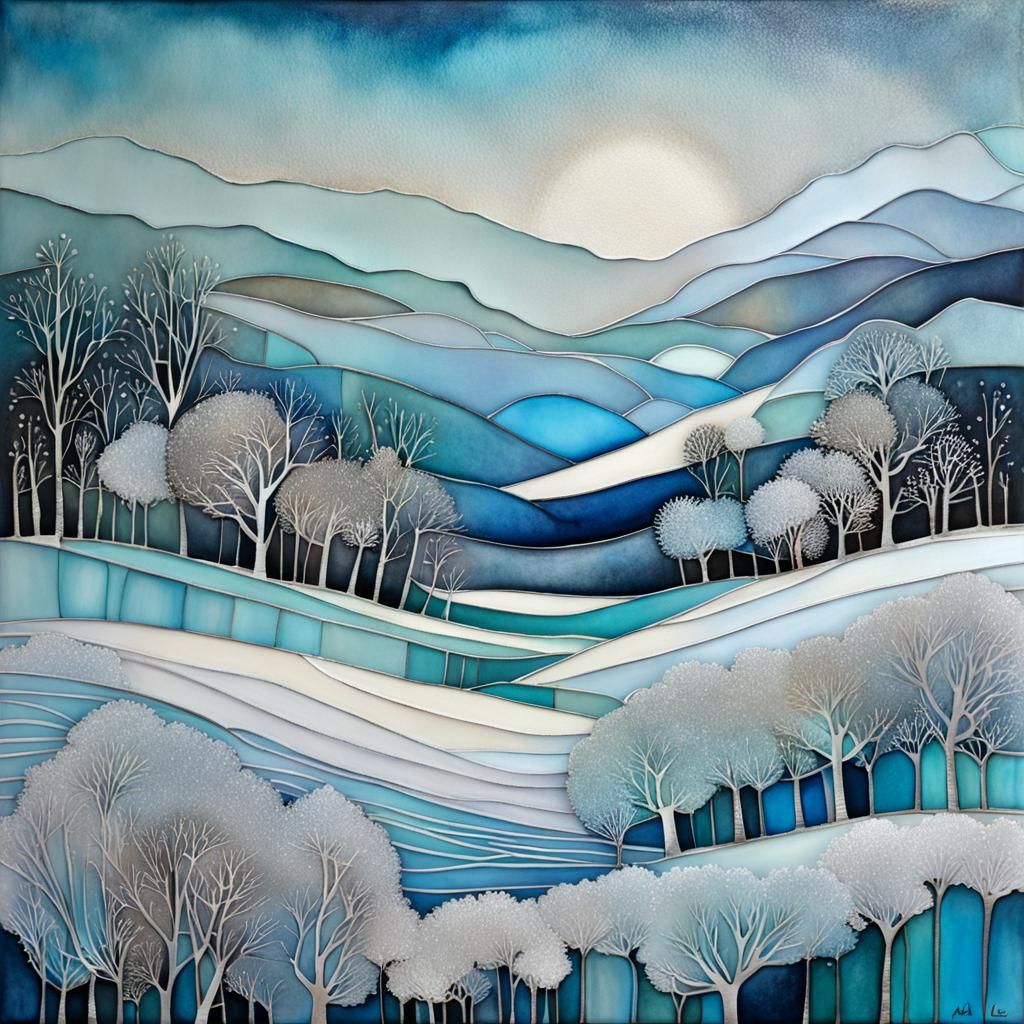 Glimmering Winter Scene in Icy Blues and Silvers