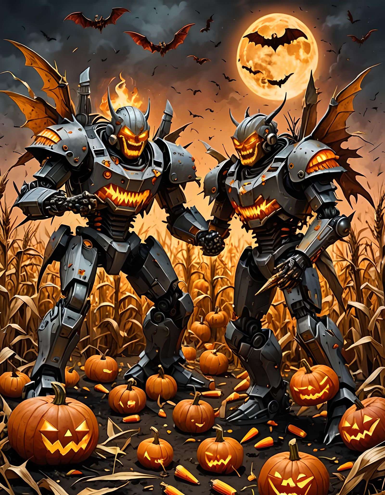 Mecha Scarecrow Battle in Apocalyptic Cornfield