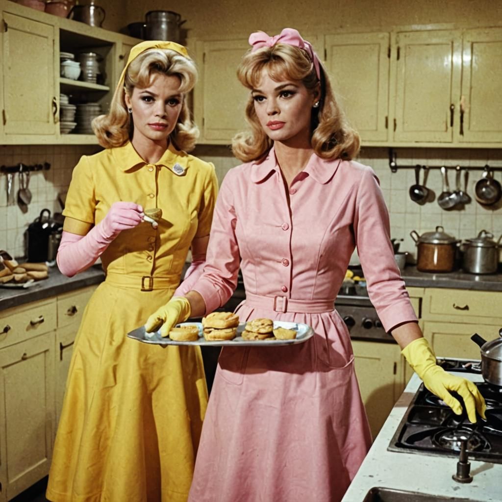 Elegant 1950s Homemakers in Bright Yellow and Pink