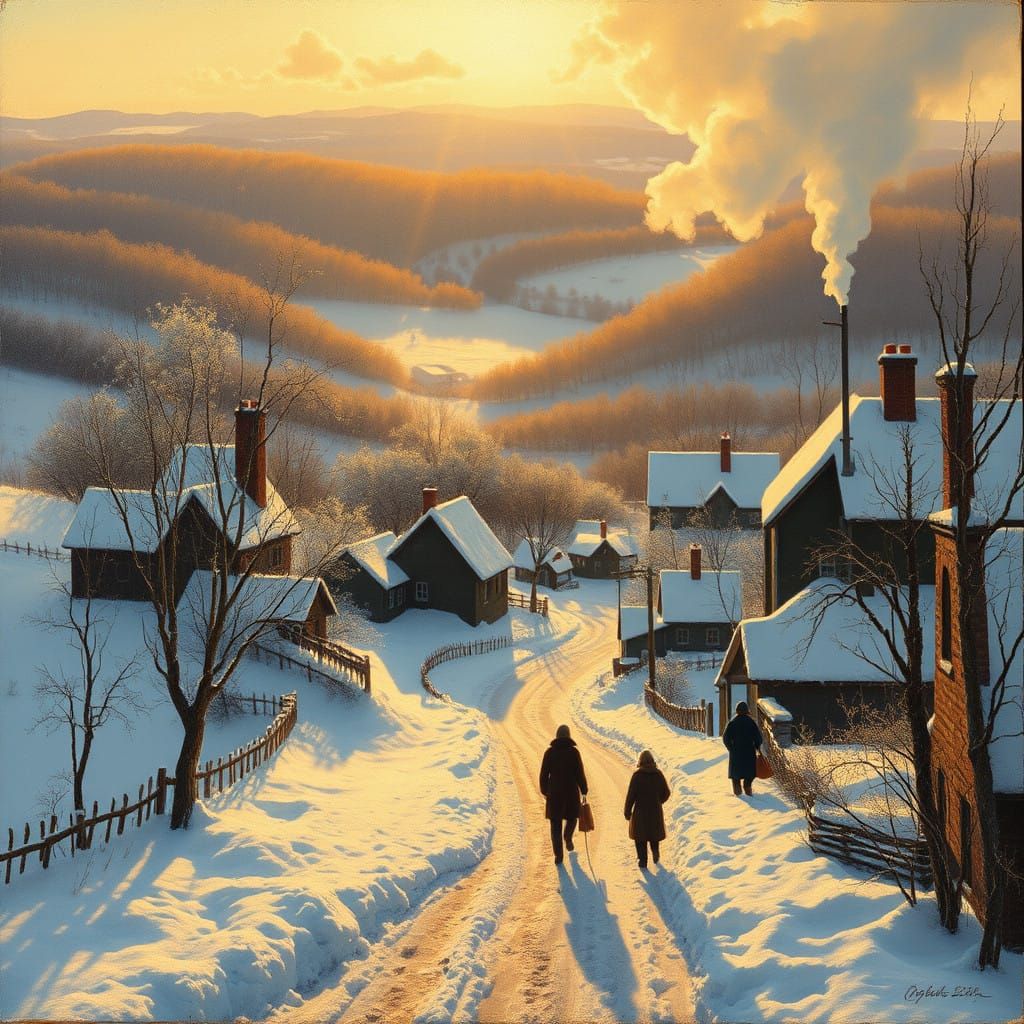 Peaceful Winter Solstice Village Scene in Earthy Oil Paintin...