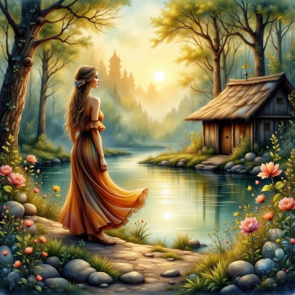 Forest, river, Woman, hut, sunset