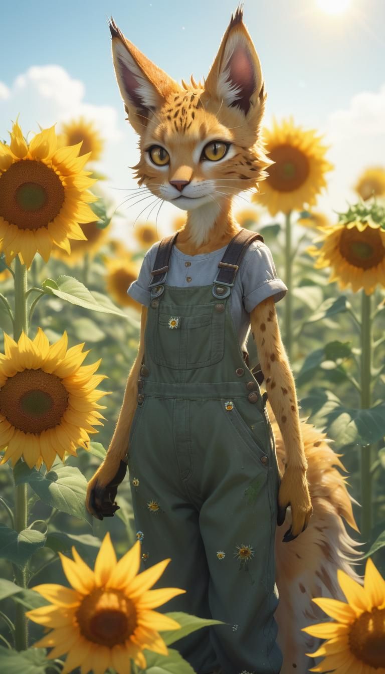 Lynx Gardener in Sunflower Field, Anime Style