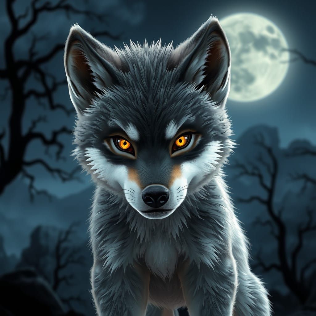 Majestic Wolf Pup Under Moonlit Skies
