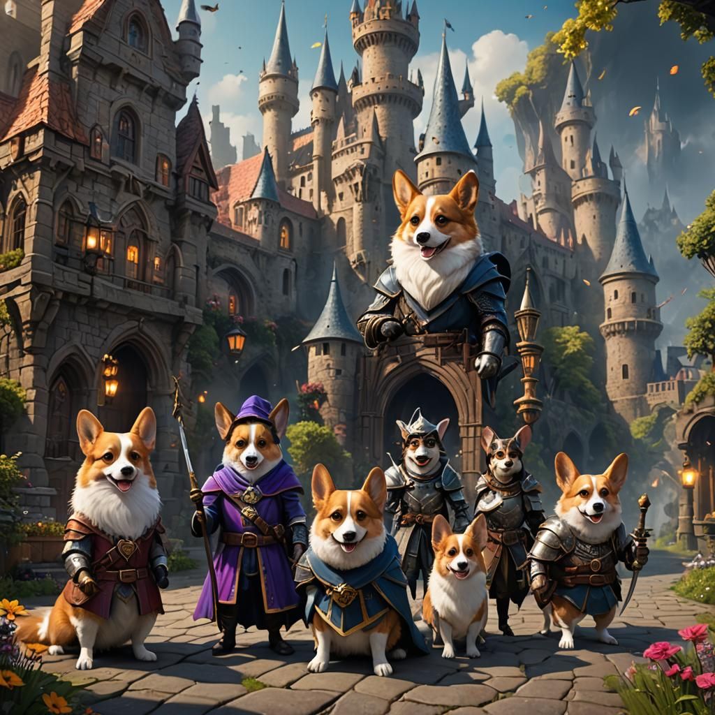 Fantasy Corgi Crew in Detailed Matte Painting