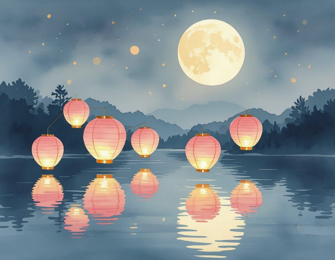 Pink and Gold Paper Lanterns Over Calm River