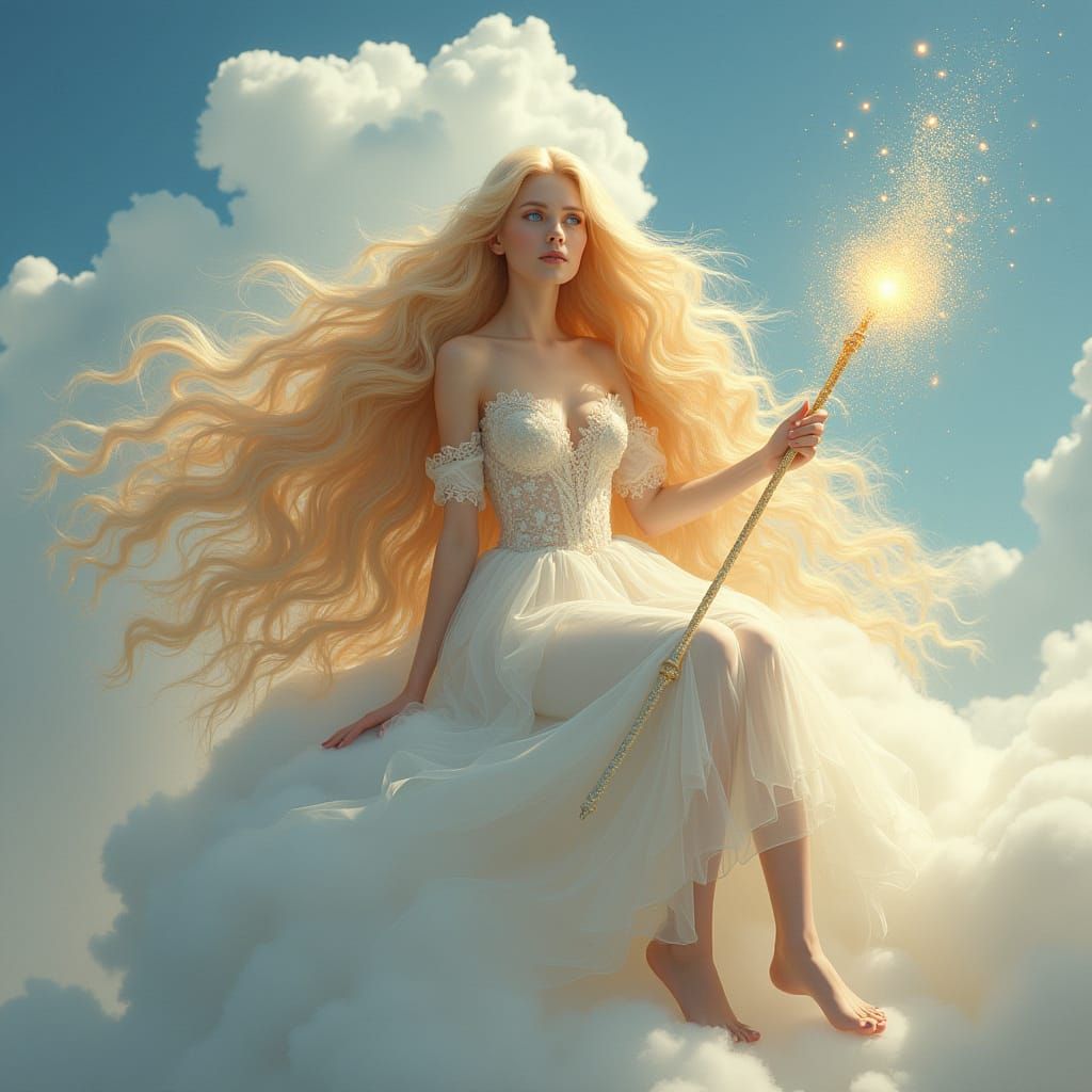 Golden-Haired Woman on Cloud with Stardust Wand
