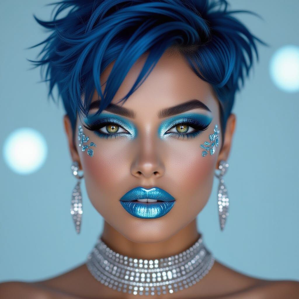 Metallic Beauty Portrait of Latina Woman with Blue Hair