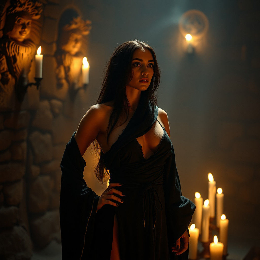 Alluring Cultist in Dim Dungeon, Cinematic Lighting