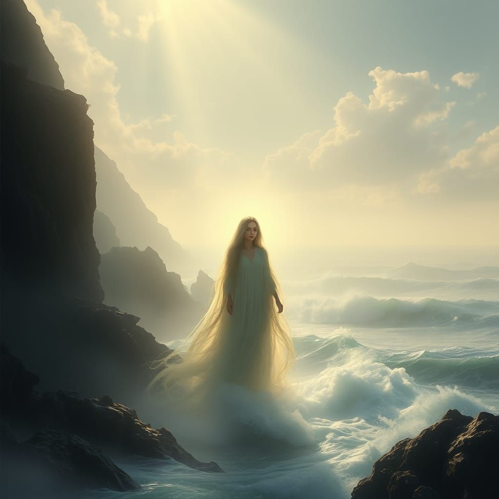 Ethereal Selkie Emerges from Misty Coastline