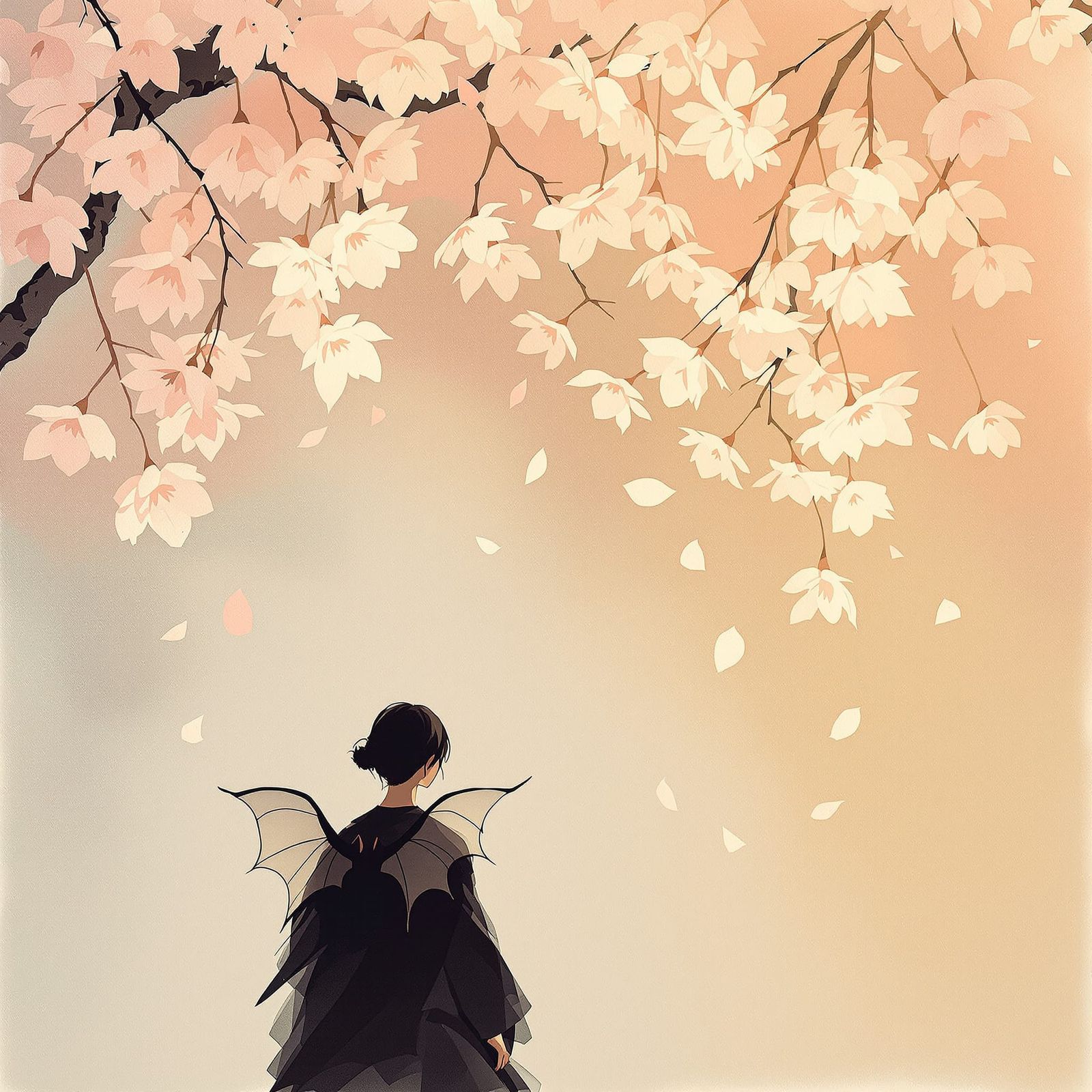 Bat-Winged Figure Under Cherry Blossoms in Japanese Ink Styl...