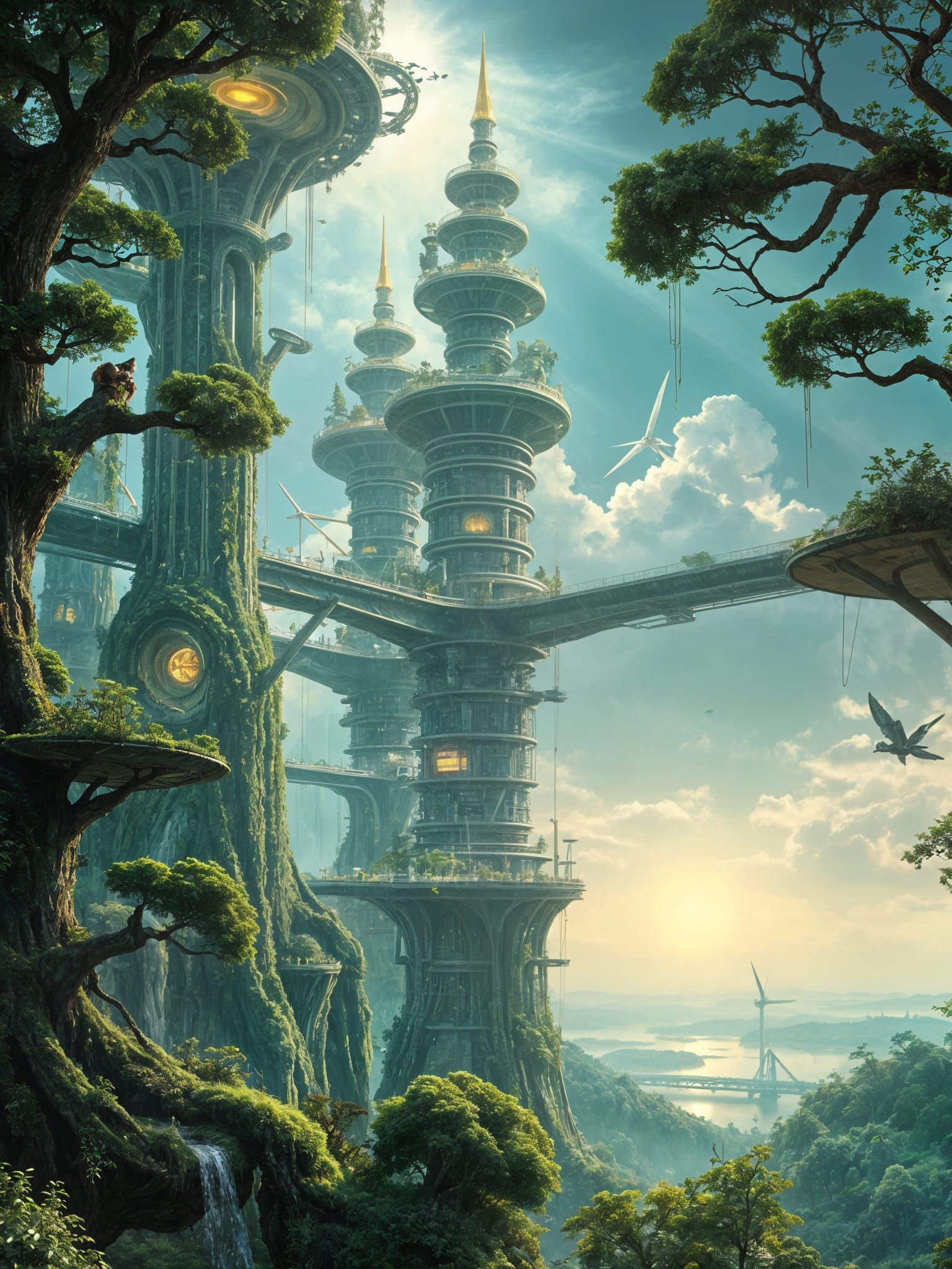 Luminous Vertical City in a Solarpunk Forest