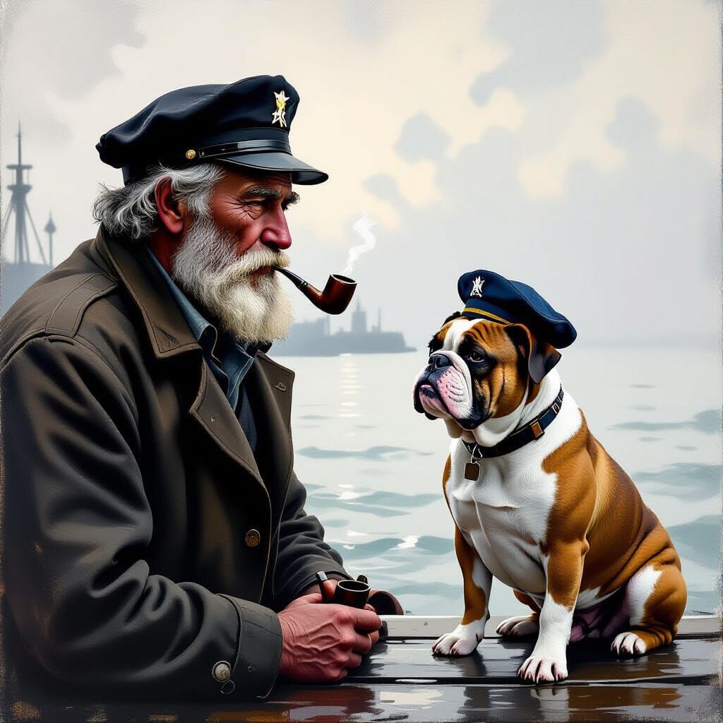 Old Sailor and Bulldog on Misty Dock in Oil Painting Style