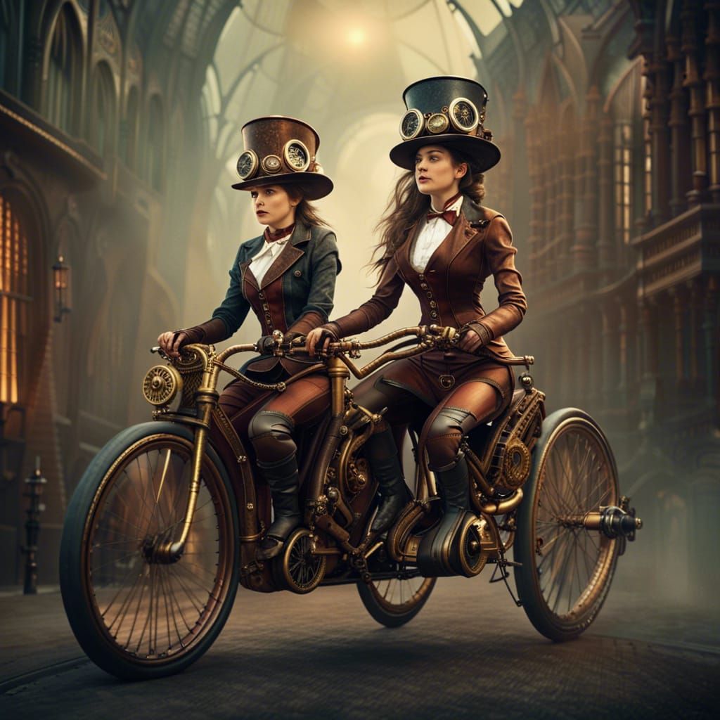 Steampunk Girls on Bicycle Built for Two