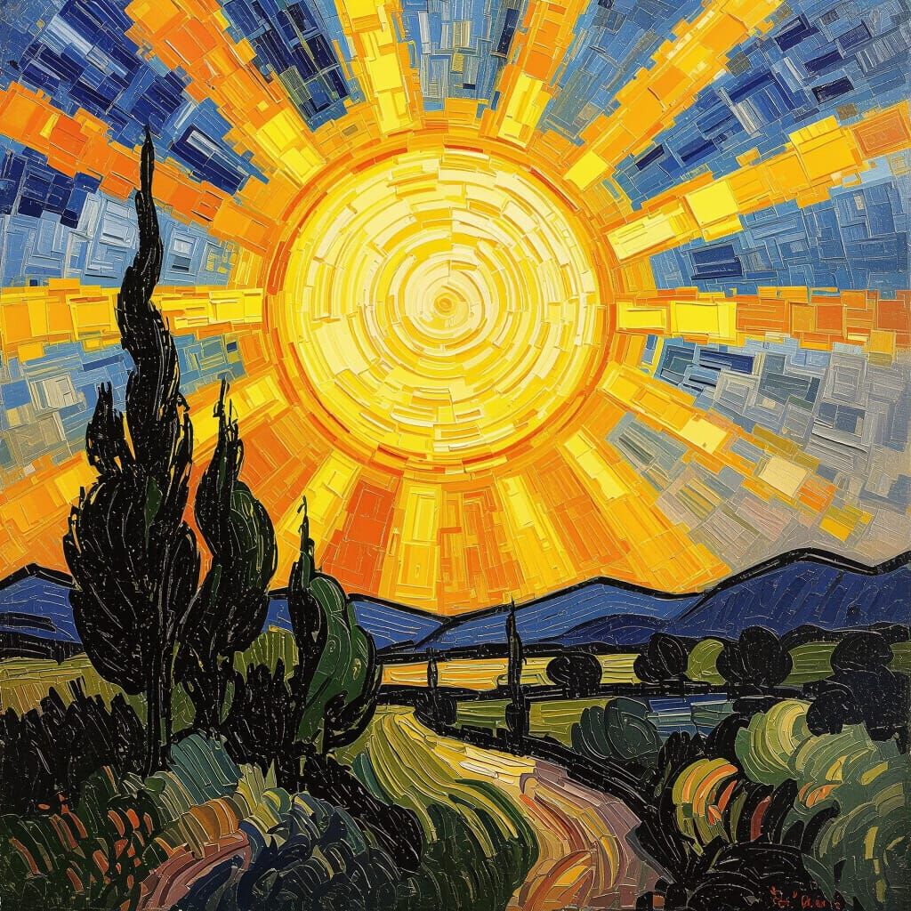 Radiant Sun with Beams in Impressionistic Style