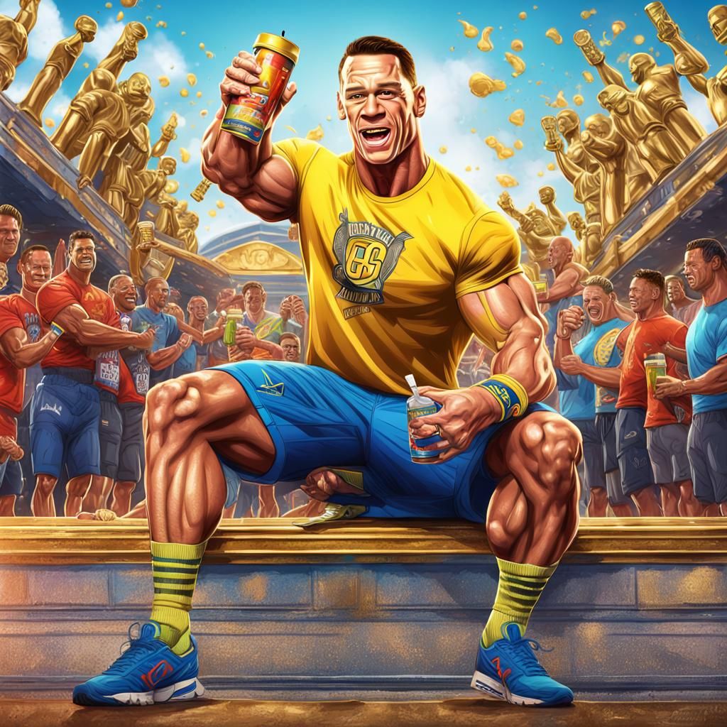 Muscular Man Enjoys Drink with Awards Statues