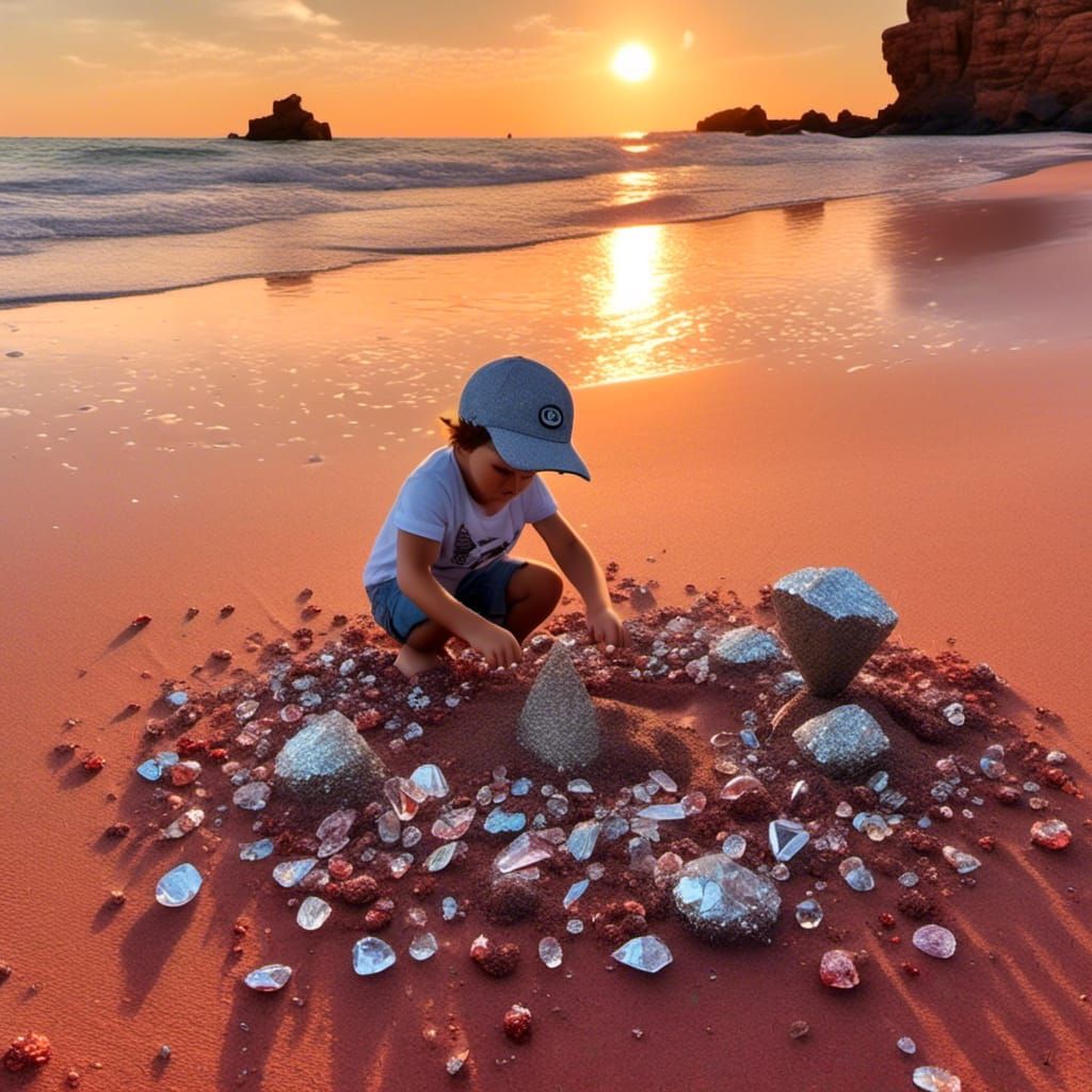 A little boy building a sandcastle with the crystals and diamonds found on the sand.