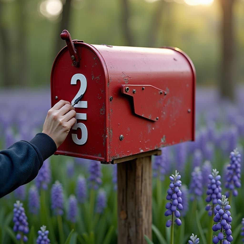 Artist Painting Numbers on Red Mailbox