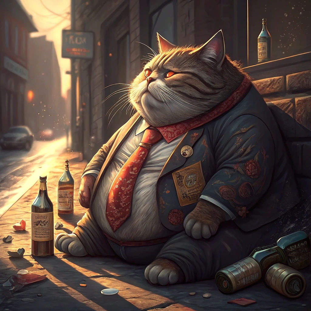 Inebriated Cat in Art Nouveau Style, Night Scene