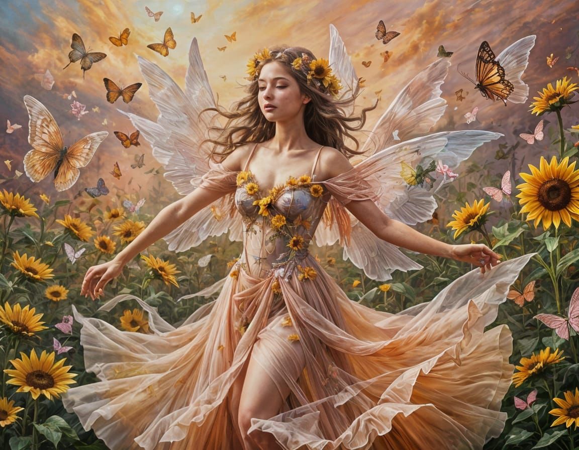 Fairy Dance on Sunflower, Ethereal Oil Painting