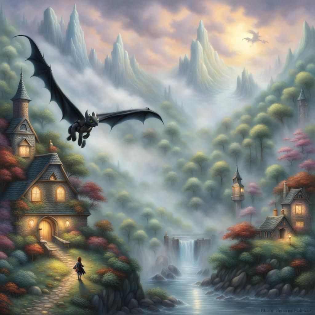 Ethereal Dragon Training in a Thomas Kinkade Style
