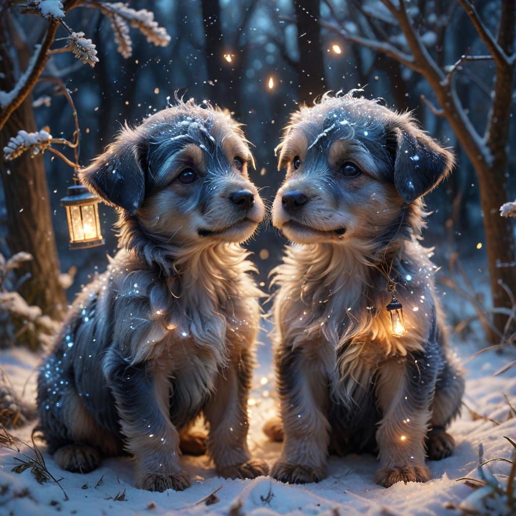 Gris Gris Griffon Puppies Play in Snowy Wonderland Under Sta...
