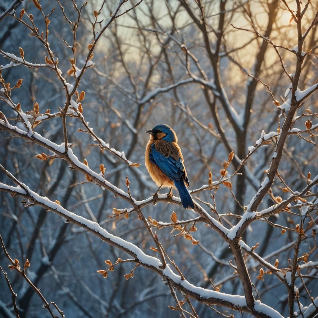 Mystical Bird on Winter Branch in Symbolist Art