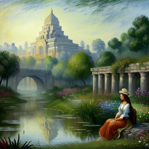 Serene Woman Contemplates on Banks of Ancient Rivers