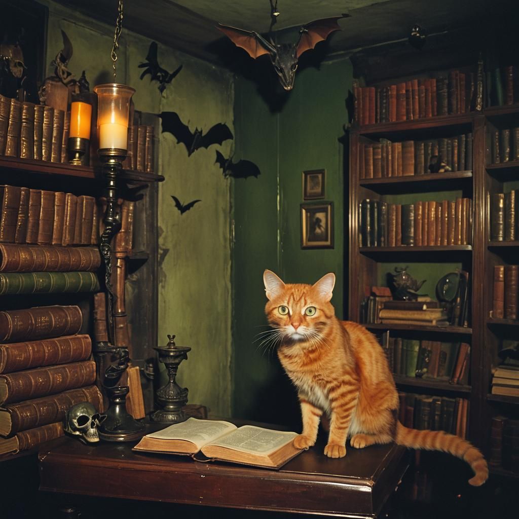 Cinematic Orange Cat in Mysterious Room