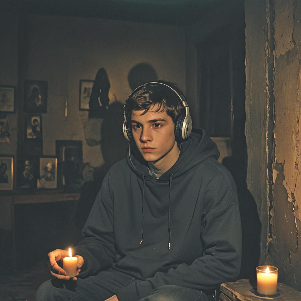 Mysterious Young Man in Dimly Lit Room