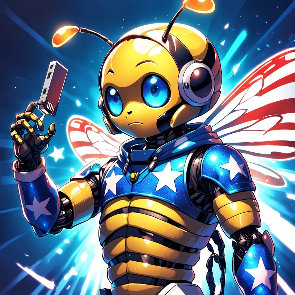Patriotic Bee Waving Flag in Manga Style