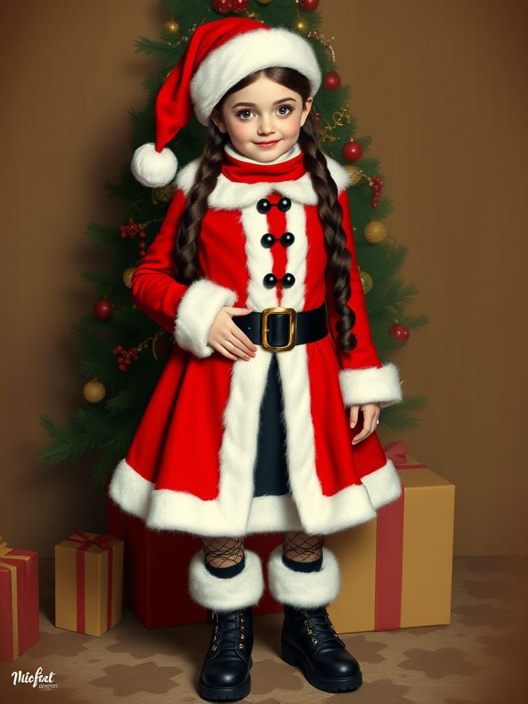 Gothic Christmas Icon Wednesday Addams in Santa Attire